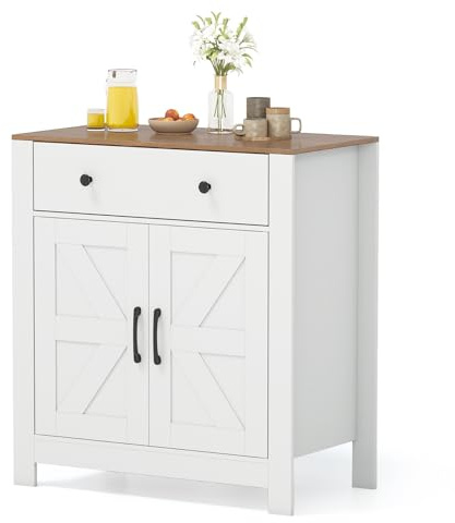 COSTWAY Mueble Auxiliar de Cocina, 76 x 40 x 85 cm, Aparador de Entrada Bajo con 1 Cajón, 2 Puertas y Estante Ajustable, Armario de Almacenamiento para Cocina, Salón, Entrada, Blanco y Natural