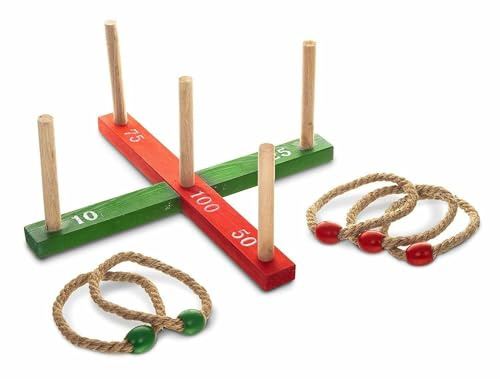 Quoits Gartenspiel Holz-Ringwurf-Set - Traditionelles Outdoor-Fähigkeitsspielzeug mit Seilringen & Punktehern, Familienfeier, Rasenspiel für Kinder & Erwachsene, 36 cm Basis