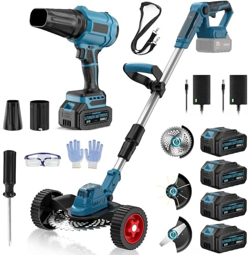Kit Cortabordes Sin Cable y Soplador de Hojas, Desbrozadora Eléctrica Brushless 1000W con 4 Baterías 4,0Ah, Soplador 65 m/s, Pantalla LCD y 3 Cuchillas para Jardín y Terraza