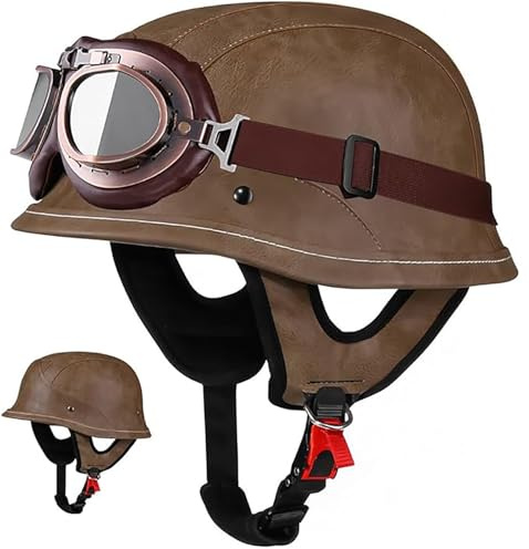 Casco Moto Jet Mezzo Casco In Pelle Con Occhiali, ECE 22.06 Omologato, Casco Scodella Retrò Per Adulti Uomo Donna, Ideale Per Cruiser Scooter Chopper, Marrone 6,XL/(60~62cm)