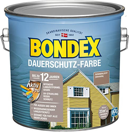 Bondex Dauerschutz Farbe Sonnenlicht (Sahara) 2,5 L für 22,5 m² | Hervorragende Farbstabilität | Wetter- und UV-Schutz - bis zu 12 Jahre | Seidenglänzend | Dauerschutzfarbe | Holzfarbe