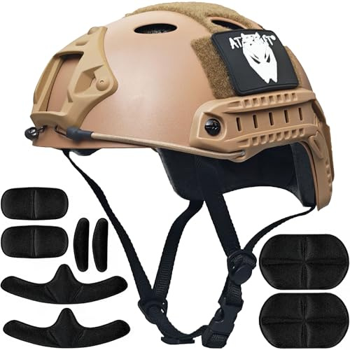 ATAIRSOFT PJ Type Tactical Airsoft Fast Helmet, Lightweight ABS with NVG Mount & Side Rails Bump Protection for Men, Women Air Soft, Paintball, Cosplay, Caving, Hunting, Hiking - DE Tan