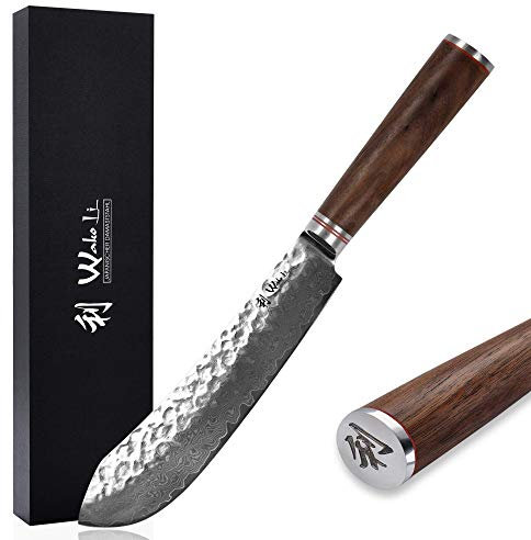 Wakoli Nussbaum Premium BBQ Blockmesser mit 20 cm Klinge gefertigt aus 67 Lagen echtem Damaststahl mit Nussbaumholzgriff I Damastmesser Küchenmesser und Profi Kochmesser