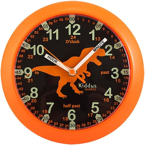Kiddus Wall Clock for Boys and Girls. Silent Analogue Time Teacher with Exercises. Easy to Read and Learn the Time.Dino Black&Orange
