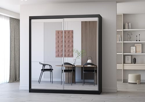 Fabryka Mebli Idźczak Kleiderschrank mit Spiegel, Schiebetüren - Schwebetürenschrank, Schlafzimmerschrank - ‎61 x 203 x 218 cm - Schrank für Schlafzimmer, Wohnzimmer, Garderobe - Weiß, schwarz
