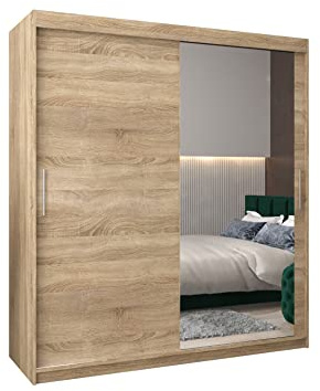 E- MEUBLES Armoire de Chambre avec 2 Portes coulissantes et Miroir, Penderie (Tringle) avec étagères (LxHxP): 180cmx200cmx62cm TORM 2 Chêne Sonoma