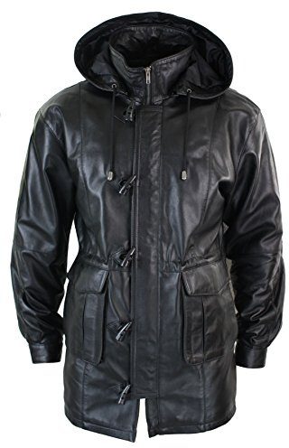 TruClothing Manteau Longueur 3/4 pour Homme Cuir véritable Style Duffle Safari Capuche Amovible - Noir XL