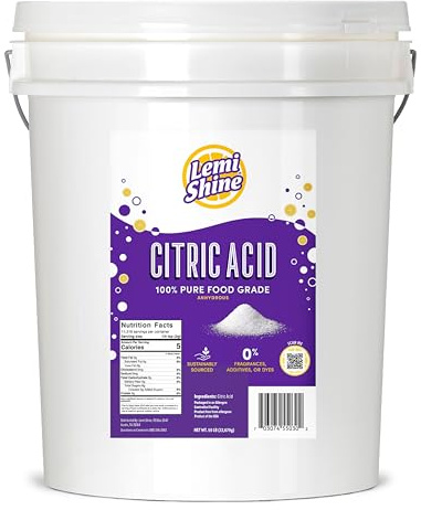 Lemi Shine 100% Citric Acid Bulk 50 Pound Pail | Pure Food-Grade Flavor Enhancer & All-Natural Preservative | Fragrance Free Citric Acid for Bath Bombs, Cooking, & Canning