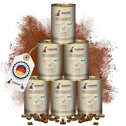 Escapure Bio Huhn Ragout Dose 6 x 400g - Bio Nassfutter für Hunde - 90% pures Hühnerfleisch Nassfutter - Premium Dosenfutter Chicken ohne Zusatzstoffe - Hunde Ergänzungsfuttermittel frei von Getreide