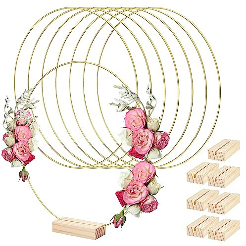 8 Stück 30cm Metallringe Zum Basteln, Metallring Gold mit 8 Stück Holzständern, Metallring mit Fuß für den Tisch, Traumfänger Ringe, Deko Ring für Hochzeits Dekorationen, Wandbehangskränzen