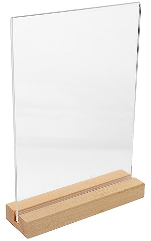Acryl Schildhalter T-form A5 mit Holzsockel, Tischaufsteller | Vertikal, Transparentes Design, Stabile Basis, für Gastronomie und Handel, Leicht zu Bedienen
