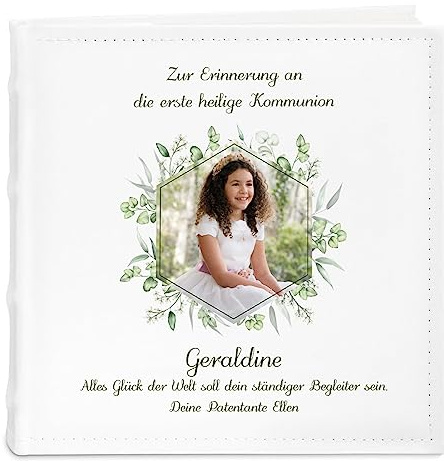 Maverton Einsteckalbum mit Aufdruck - Fotoalbum für 200 Fotos 10x15-50 Seiten - Größe: 21x22cm - Weiß - personalisierte Geschenke für Kind zur Erstkommunion