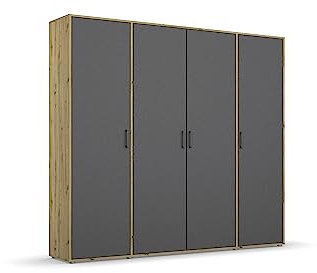 Rauch Möbel Voyager Schrank Kleiderschrank Drehtürenschrank, Grau metallic/Eiche Artisan, Holz, Schwarz, 4-türig, inkl. 1 Kleiderstange, 7 Einlegeböden BxHxT 187x194x53 cm