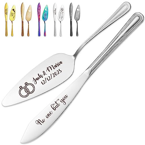 Juego de cuchillos y servidores personalizados para tartas de boda, juego de corte de pastel grabado para boda, cortador de pastel personalizado y servidor de pizza para despedida de soltera,