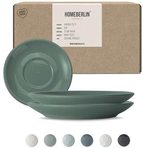 HOMEBERLIN® Set di piattini, adatto per tazze da cappuccino da 200 ml, piattino in gres di alta qualità, 100% fatto a mano, salsa (2 pezzi, verde)