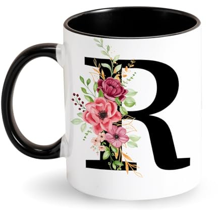 Tarklanda Tazza Personalizzata con Lettere Tazza da caffè con Motivo Floreale Tazza in Ceramica per caffè Tazza Iniziali Nero per Donne Fidanzata Regalo per Natale, Compleanno, Festa della Mamma (R)