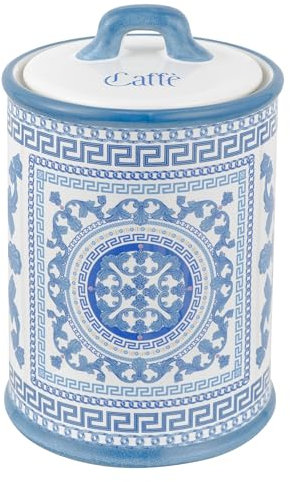 Baroni Home Barattolo Caffè Decorato in Ceramica con Coperchio Ermetico, Accessorio da Cucina Colorato Resistente, Linea Maioliche Blu, 11x11x17 cm