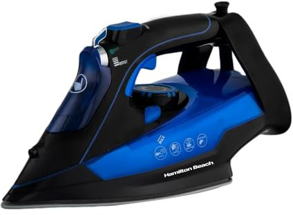 Hamilton Beach Steam Iron, 3000W, SteamMax Pro, Non-Stick Ceramic Soleplate, Dry or Steam Ironing, Spritz Function, Crease Removal, Vertical Steam, Easy Fill Tank, Self Cleaning, Black/Blue - HB608BB