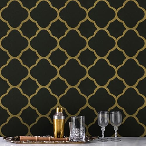 GloryTik 17.7x393.7 Black and Gold Wallpaper Geometric Wallpaper Trellis Pattern Peel and Stick Wallpaper Removable Modern DIY Contact Paper Self Adhesive Wallpaper for Living Room Bathroom Decor