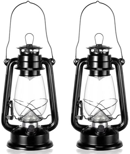 Hortsun 2 Pcs 12 Inch Vintage LED Hurricane Lantern Metal Black Outdoor Battery Operated Hanging Lantern with Warm LEDs and Dimmer Switch for Indoor Rustic Farmhouse Country Camping Decor
