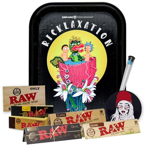Rolling Tray Rick and Morty original 27.5 x 17.5 cm + Airtight Tub + Raw papers KingSize Organic, Black, Classic + Tips + Stickers – Gift for smokers (Ricklaxation)