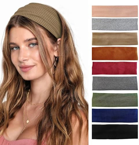 TOFBS 9 Bandeaux Élastiques Côtelés Larges Multicolores Confortables Accessoires Cheveux Quotidiens