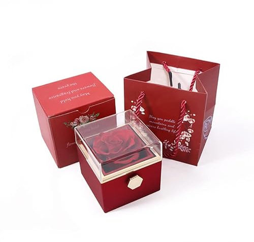 Preserved Red Rose Jewellery Box with Hidden Drawer – Eternal Rose Gift with Rotating Button – Necklace & Earring Holder in Elegant Gift Packaging for Anniversary, Valentine’s, Birthday