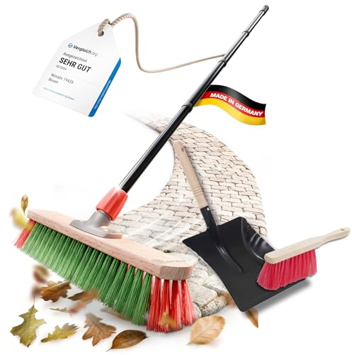 Novaliv Balai de jardin avec manche, 40 cm, poils élastiques, avec balai galvanisé avec lèvre en caoutchouc composé d'une pelle et d'une balayette à main Idéal pour la route, la terrasse, la cour