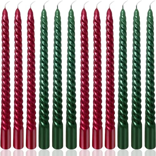 Lot de 6 bougies coniques en spirale de 25,4 cm pour Noël, 6 chandeliers torsadés verts et bordeaux non parfumés, bougies effilées fines pour décorations de fête de vacances