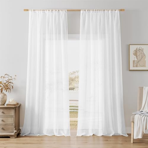 Softalker Gardinen Vorhang Weiß 260 cm Extra Lange Gardine und Vorhänge Gardinen Wohnzimmer Modern 140 cm Breit Schlaufenschal 2er Set Voile Curtains Living Room für Gardinenstange Ohne Bohren