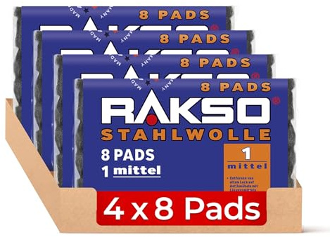 RAKSO Stahlwolle mittel 1-32 Pads - 4x8 Stk. glättet Holz, entfernt alten Lack von Antikmöbeln, säubert Hartgummiböden