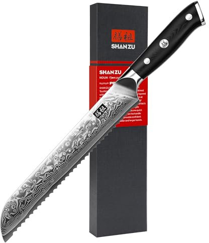 SHAN ZU 20 cm Damast Brotmesser mit Wellenschliff, 67 Lagen Japanischer Damaststahl, Kuchenmesser aus kohlenstoffreichem Superstahl, Ergonomischem G10-Griff - PRO Series