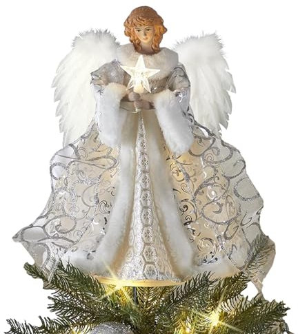 Ange de sapin de Noël, figurine d'ange avec ailes de plume, pointe de sapin de Noël, ornements de sapin de Noël