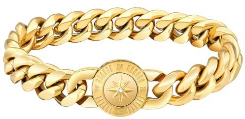 KRKC&CO 12mm Herren Armband mit rundem Kompass Verschluss, 18K Gold beschichtet Panzerarmband, breite dicke Edelstahl Cuban Armband, Hip Hop Biker Schmuck Geschenk für Männer Jungs [Länge 22,9cm]