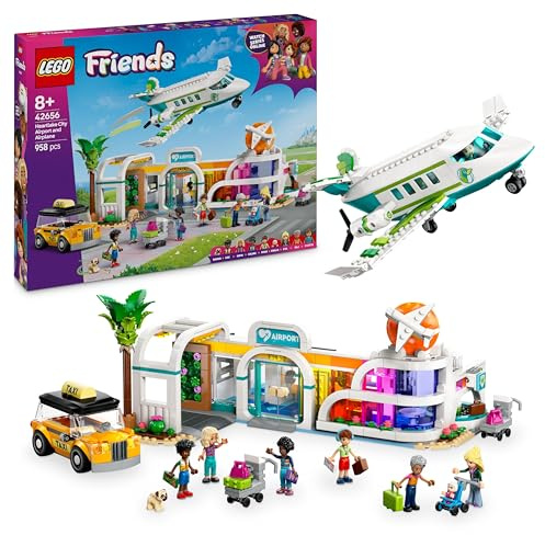 LEGO Friends Avión y Aeropuerto de Heartlake City Kit de construcción, vehículos, 7 minipersonajes, bebé, Perro, Taxi, carros de Equipaje, para niñas y niños de 8 años o más 42656