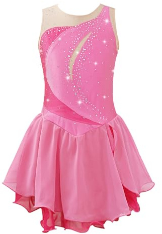 iEFiEL Mädchen Eiskunstlauf Kleid Glitzer Ballettkleid mit Rüschen Röckchen Ärmellos Ballett Trikot Body Wettbewerb Kostüm Gymnastikanzug Rosa 122-128