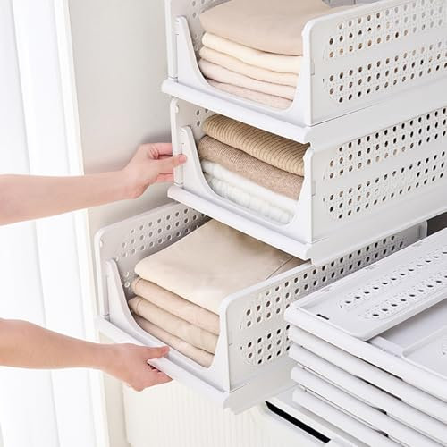RMAN 3 pcs Organizador Armario Organizador Cajones Extraíbles de Plastico Apilable y Plegable Cajas Almacenaje para Ropa Cocina Dormitorio Baño - Blanco