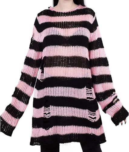 LLECDASEUI Womens Gothic Striped Hole Ripped Long Sweater, Y2K Grunge Hollow Out Knit Jumper, Oversized Distressed Pullover Tops