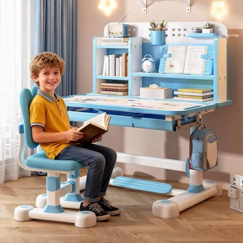 Escritorio y Silla Ajustable para Niños de Estudio Con Separadores y Cajones - Silla Ergonómica para Estudio Escolar en Casa