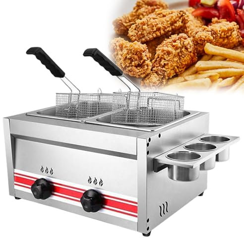GESAIDES Friggitrice a Gas Commerciale, 2 x 10L in Acciaio Inox da Banco, Doppia Vasca, per Friggere da Cucina, con 2 Cestelli e Coperchio, per Patatine Fritte, Tacchino e Ciambelle