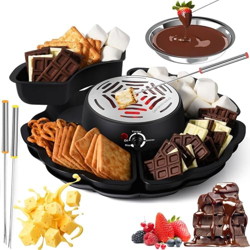 GHRERTX Máquina eléctrica for Hacer S'Mores y Olla for Fondue, Kit 2 en 1 for tostar malvaviscos con 4 Tenedores for Asar, 4 bandejas Desmontables y 1 Calentador sin Llama con Control de Temperatura