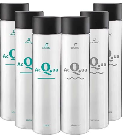 Shurity Pack Misto 6pz. - Bottiglia Cilinder 75cl. Personalizzata Trasparente Acqua Liscia/Acqua Gassata con Tappo Nero