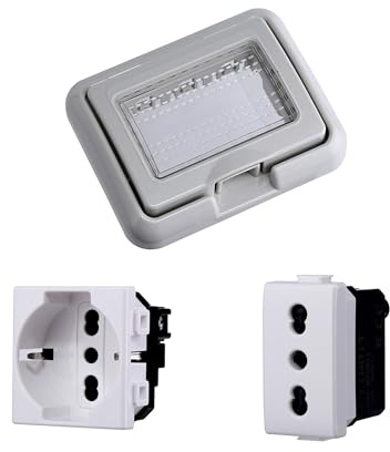 Kit Placca Scatola 503 IP55, Presa Schuko P40 + Presa Bipasso 10/16A, Compatibile Con Bticino Matix, Placca Stagna Idrobox Incasso Da Esterno