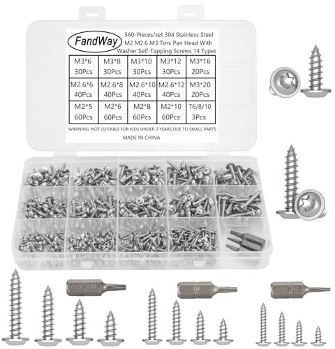 FandWay Lot de 560 vis à bois autotaraudeuses à tête ronde Torx avec rondelle - Vis à tôle M2 M2.6 M3 en acier inoxydable 304 - Petits clous taraudeuses de sécurité antivol avec 3 embouts.