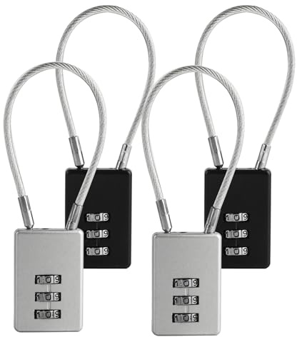 Lot de 4 cadenas à combinaison avec code, 3 chiffres avec câble en acier flexible, pour sacs de voyage, sacs à dos, casiers de gym, valises (argent, noir)