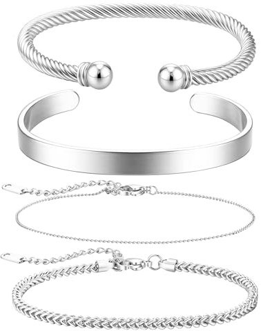 JeweBella 4 Stück Armband Herren Silber/Gold/Schwarz Edelstahl Offene Manschette Armband Kette Armband Set Stapelbare Armreif Herren Schmuck