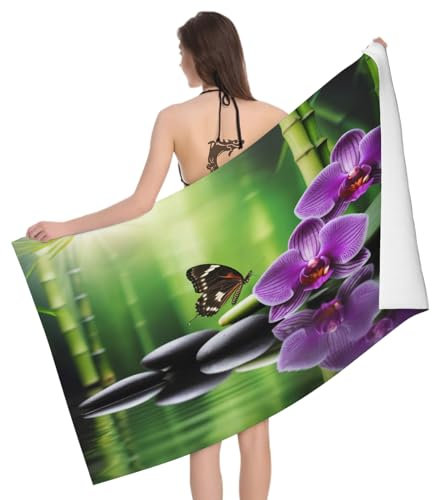 Leichong 3D Bamboo Stone Flower Beach Towel Extra Large Microfiber Soft Quick Dry for Adults, Zen Bath Towel Lightweight Soft Absorbent for Travel Swimming Pool Sports, 100 x 200 cm