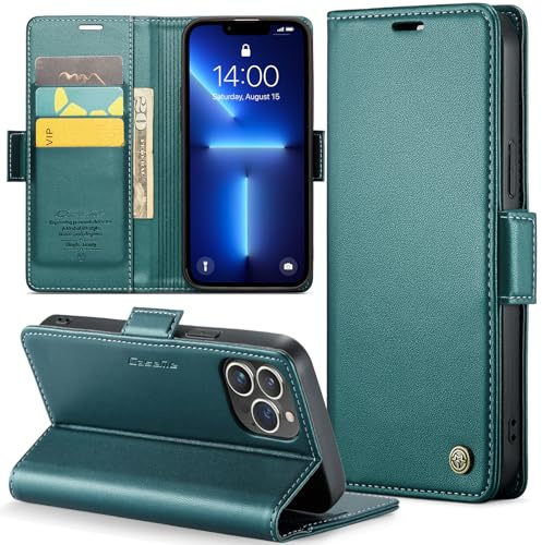 Rerzoiro Handyhülle für iPhone 13 Pro Hülle, Premium PU Lederhülle Klappbar Flip Case [RFID Blocker] Tasche Magnet Kartenfach Klapphülle Schutzhülle für iPhone 13 Pro, Türkis