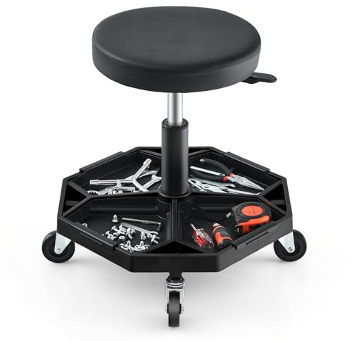 COSTWAY Werkstatthocker, Werkstatt Rollsitz 150 kg belastbar, 41-55cm höhenverstellbar, Werkstattsitz mit Ablage & 4 Rollen, Arbeitshocker für Werkzeug, Pneumatischer Rollhocker (Schwarz)