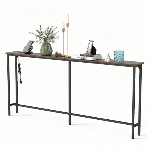 ZECIIYE Schmaler Konsolentisch mit Ladestation,20cm schmaler Sofatisch mit 2 Steckdosen und 2 USB,180cm Beistelltisch,Industrieller Flurtisch für Eingang, Flur, Foyer, Wohnzimmer,Vintagebraun